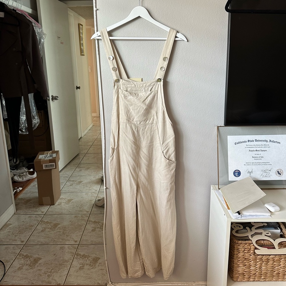 SHEIN Cream Linen-Blend Overalls